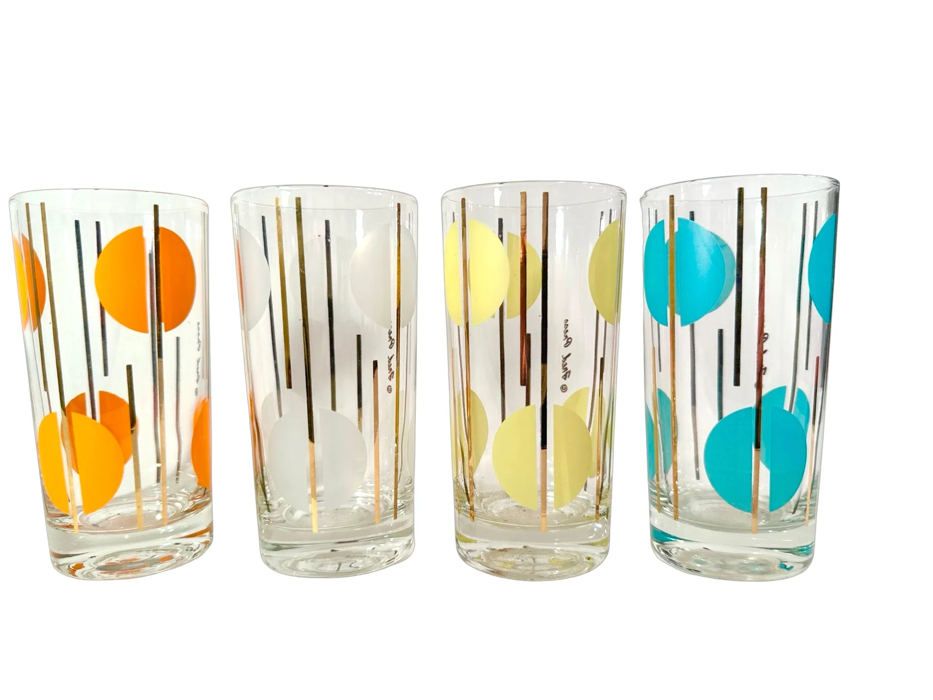 Fred Press Signed Mid-Century Multi Colored Polka Dot Glasses (Set of 4)