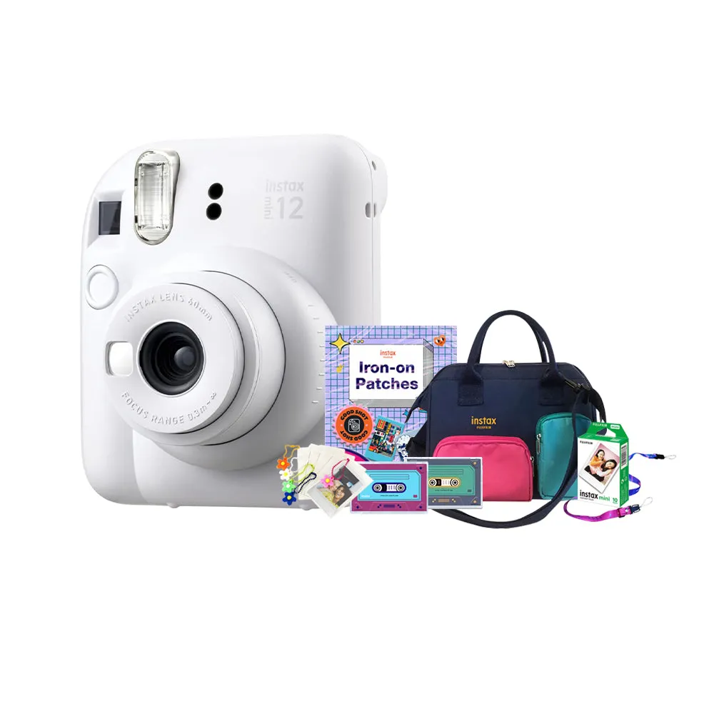 Fujifilm Instax Mini 12 CITY POP Edition Package Instant Camera Bundle Pack with Mini Glossy Film 10s, Water-Repellent Sling Bag, Iron-on Patch, Camera Strap, Film Cassette Case, Film Keychain