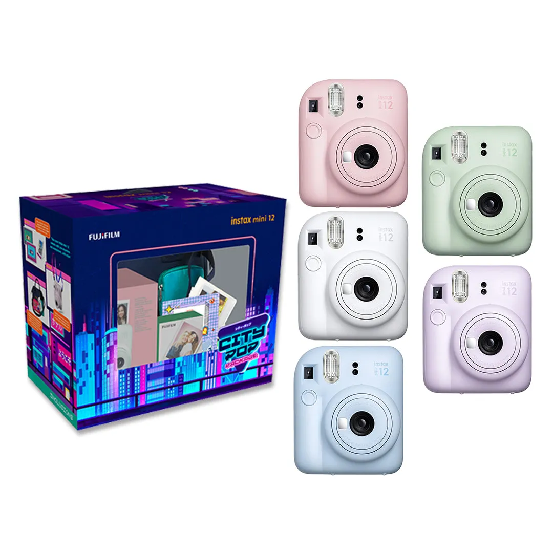 Fujifilm Instax Mini 12 CITY POP Edition Package Instant Camera Bundle Pack with Mini Glossy Film 10s, Water-Repellent Sling Bag, Iron-on Patch, Camera Strap, Film Cassette Case, Film Keychain