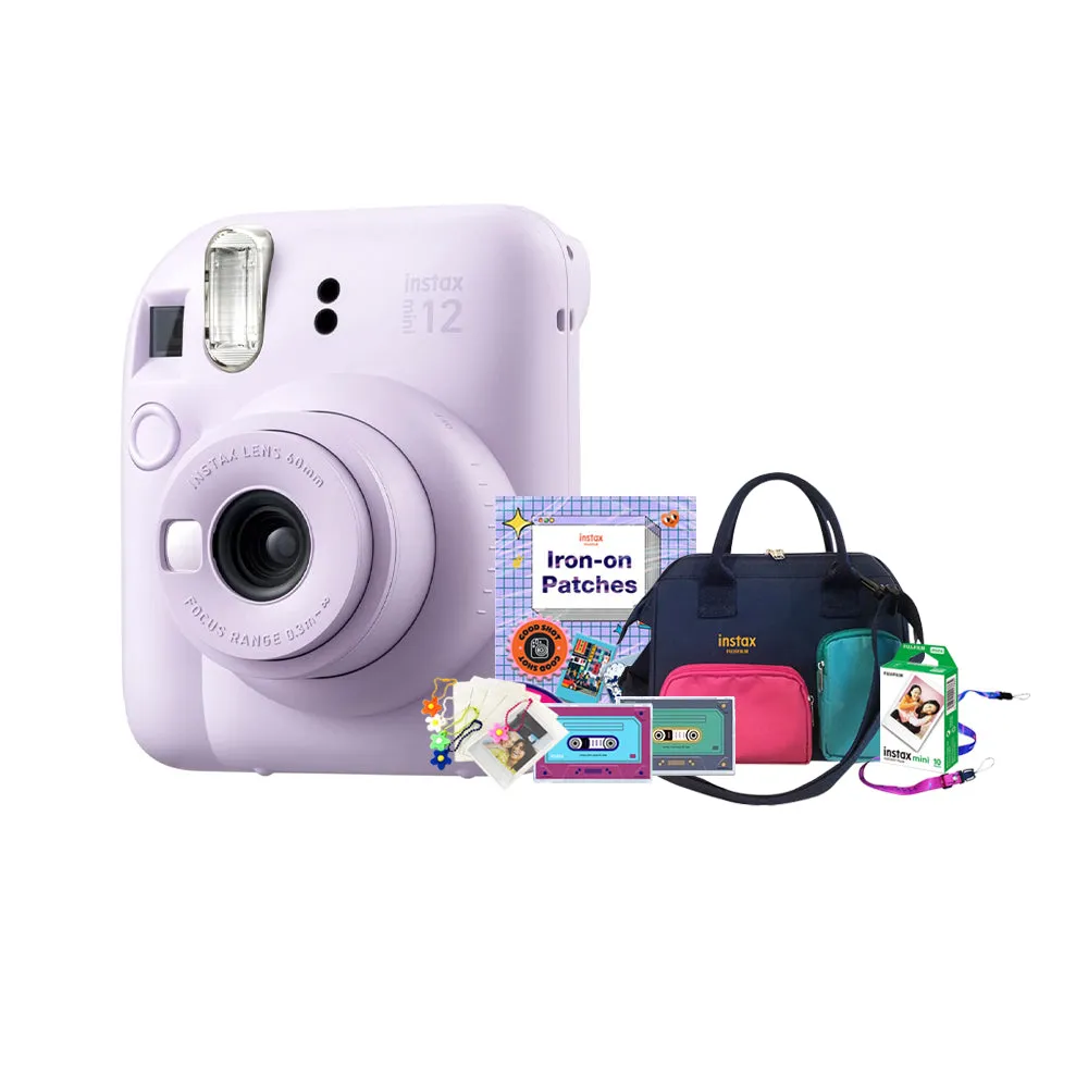 Fujifilm Instax Mini 12 CITY POP Edition Package Instant Camera Bundle Pack with Mini Glossy Film 10s, Water-Repellent Sling Bag, Iron-on Patch, Camera Strap, Film Cassette Case, Film Keychain