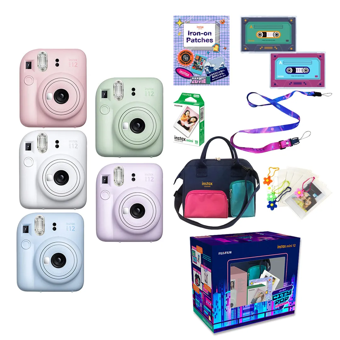 Fujifilm Instax Mini 12 CITY POP Edition Package Instant Camera Bundle Pack with Mini Glossy Film 10s, Water-Repellent Sling Bag, Iron-on Patch, Camera Strap, Film Cassette Case, Film Keychain