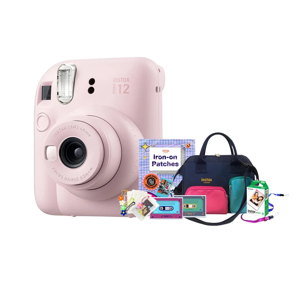 Fujifilm Instax Mini 12 CITY POP Edition Package Instant Camera Bundle Pack with Mini Glossy Film 10s, Water-Repellent Sling Bag, Iron-on Patch, Camera Strap, Film Cassette Case, Film Keychain