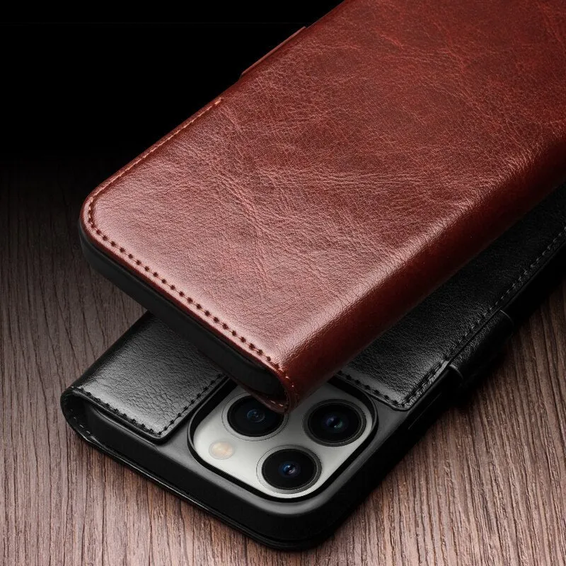 Genuine Leather Flip Phone Case Handmade Cover with Card Slots For iPhone