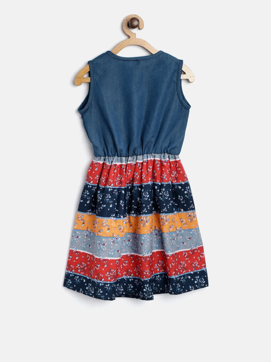 Gilr's  Denim And Multi Color Stripe Dress - StyleStone Kid