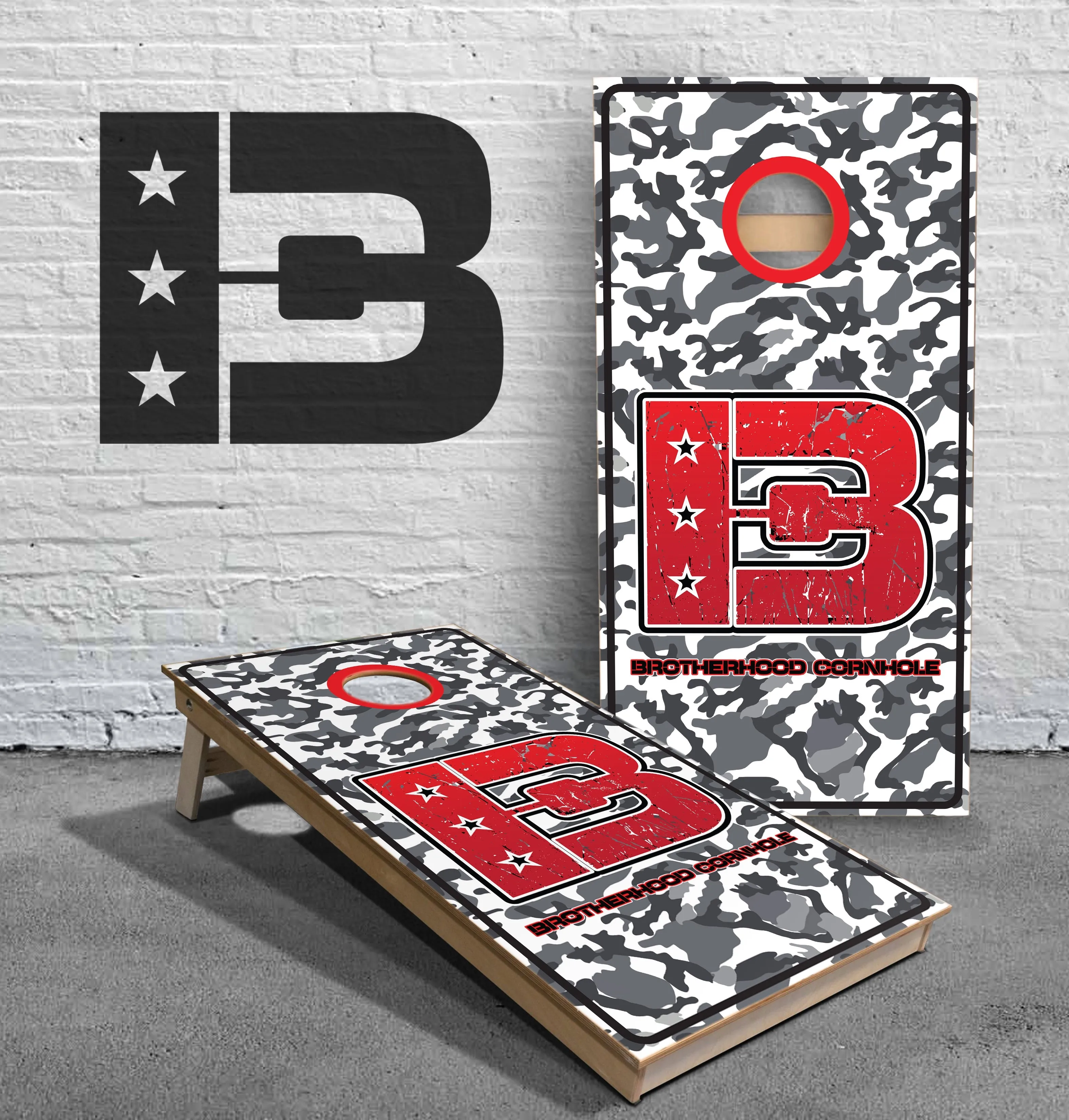 Gray Camo Brotherhood Cornhole Logo ACL Approved Cornhole Boards