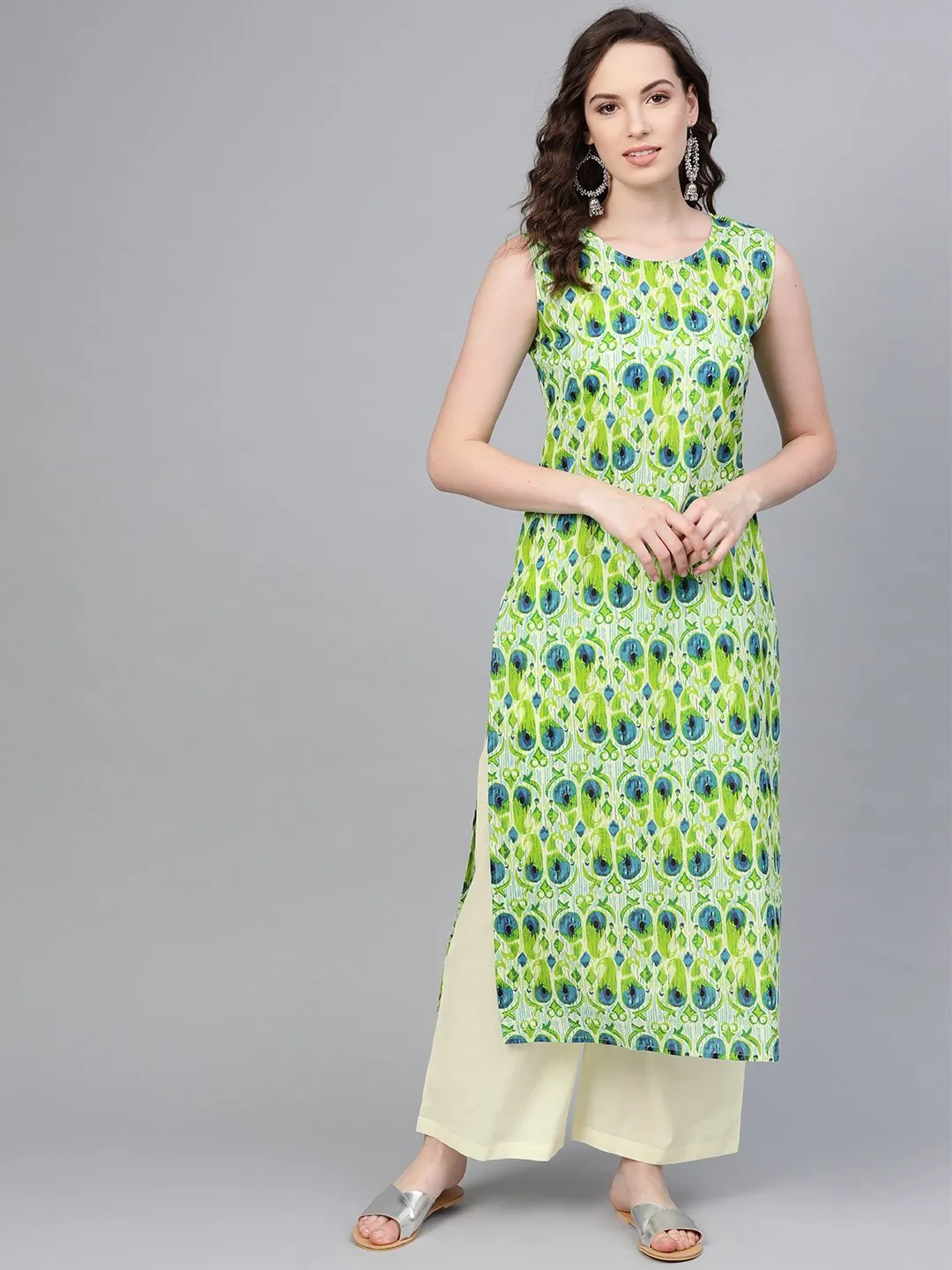 Green Multi Colored Sleeveless Kurta set with Cream Palazzo