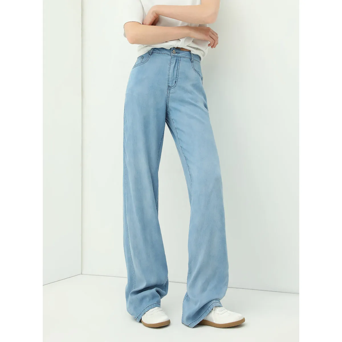 High Waist Draped Straight Leg Blue Jeans