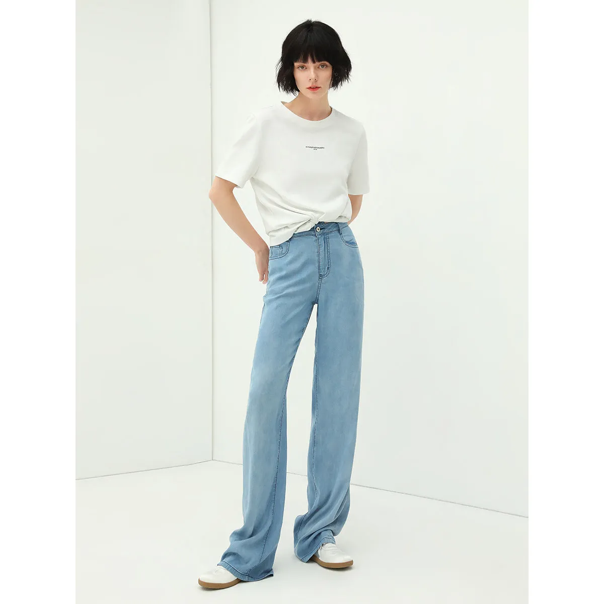 High Waist Draped Straight Leg Blue Jeans