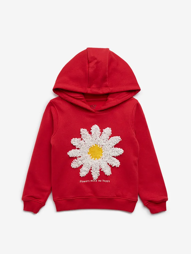 HOP Kids Red Flower Design Cotton Blend Hoodie