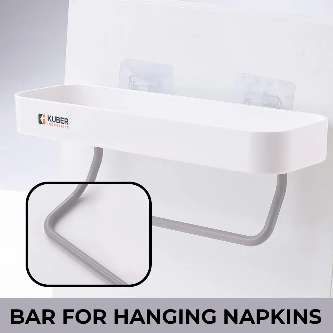 Kuber Industries Kitchen Organizer With Towel Hanger|Self-Adhesive Wall Shelf|Non-Toxic|Easy To Fit Plastic Bathroom Shelf|Multipurpose Wall Mounted Shelf For Bathroom & Kitchen|1323|White (Pack Of 3)