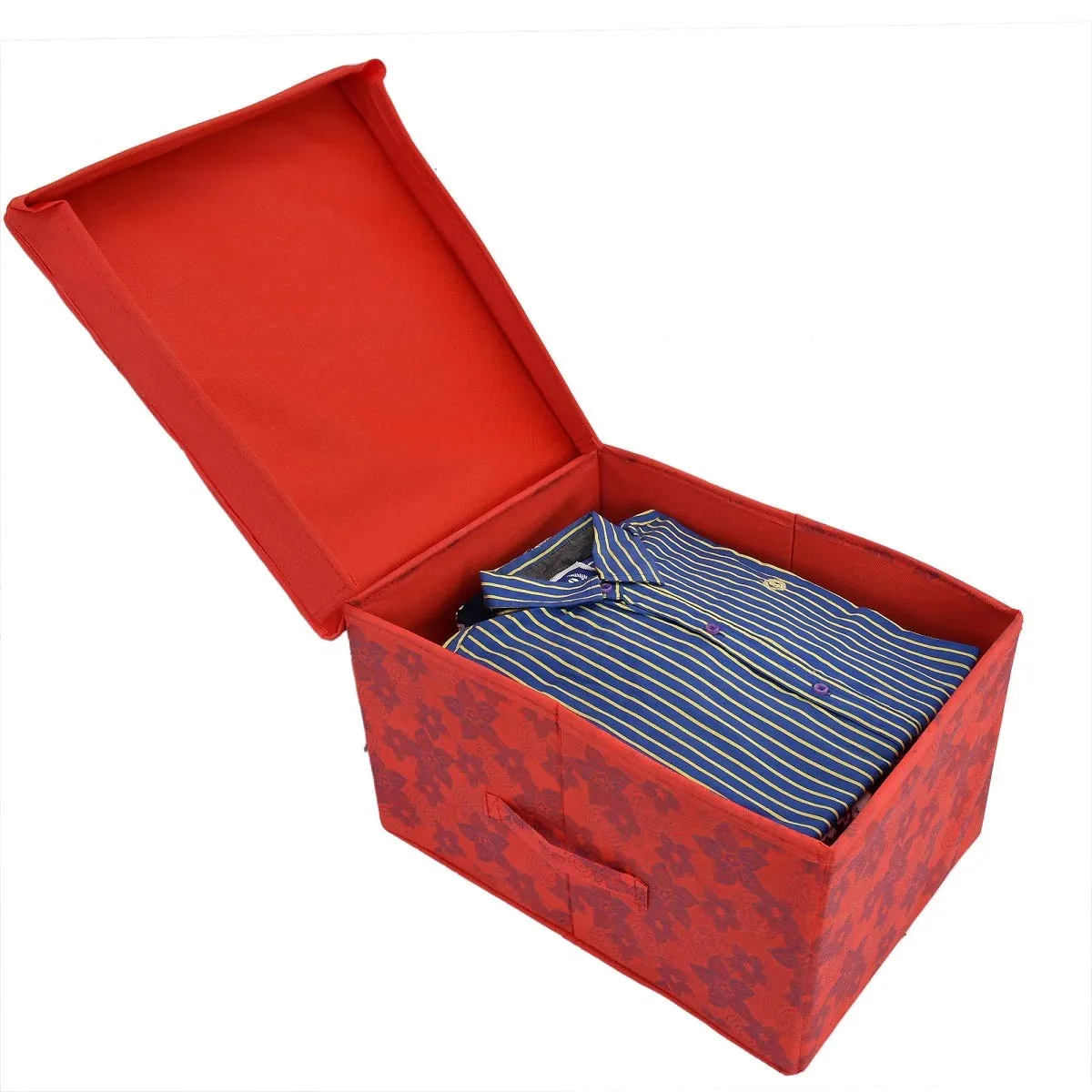 Kuber Industries Metallic Print Non Woven 2 Pieces Fabric Foldable Saree Cover Foldable Large Size Cloth Storage Box Toy, Books Wardrobe Organiser Box with Lid, Extra Large (Red)