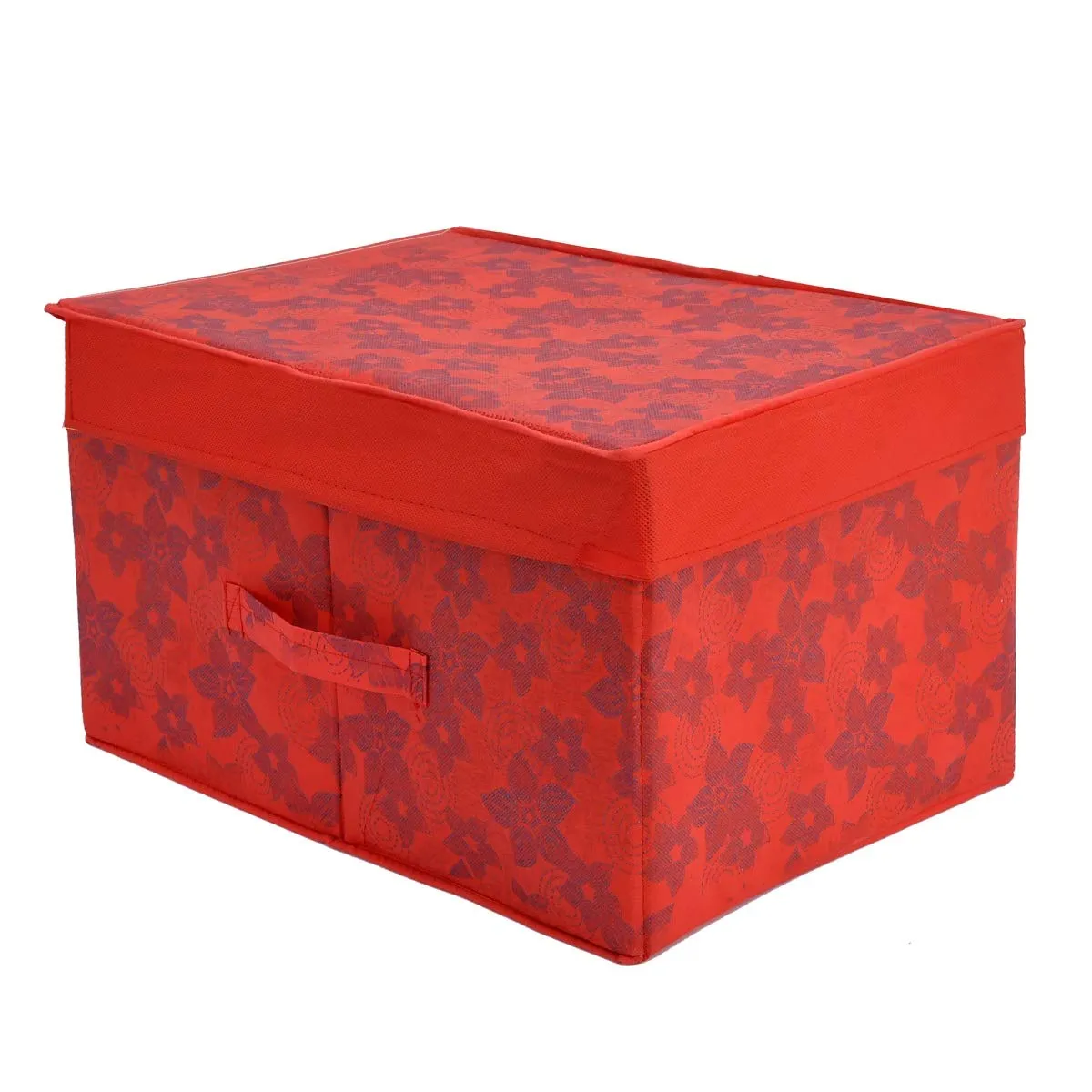 Kuber Industries Metallic Print Non Woven 2 Pieces Fabric Foldable Saree Cover Foldable Large Size Cloth Storage Box Toy, Books Wardrobe Organiser Box with Lid, Extra Large (Red)