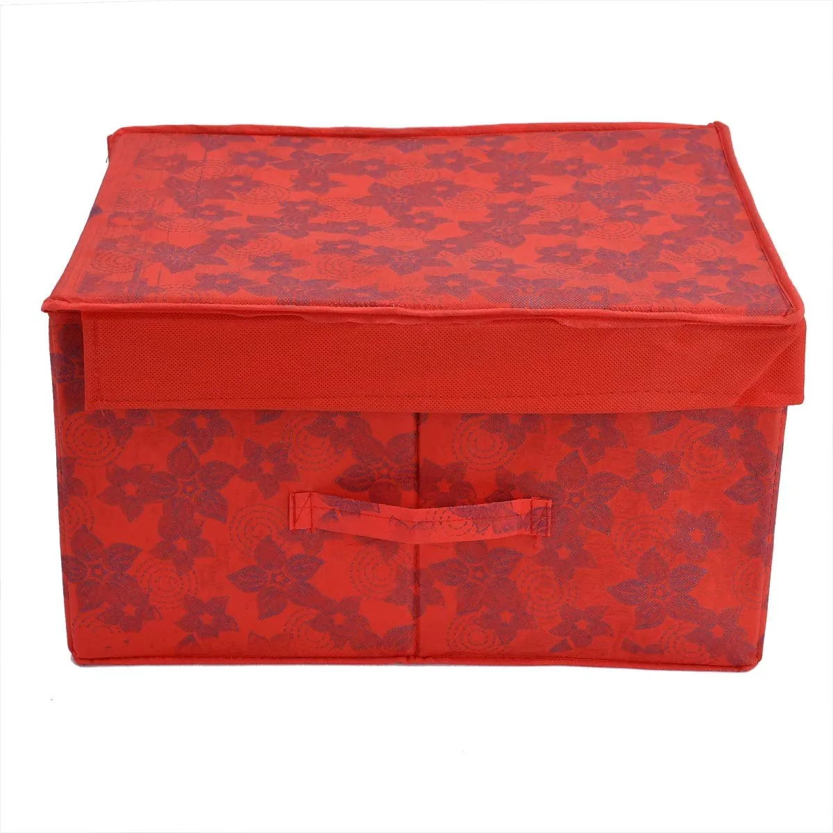 Kuber Industries Metallic Print Non Woven 2 Pieces Fabric Foldable Saree Cover Foldable Large Size Cloth Storage Box Toy, Books Wardrobe Organiser Box with Lid, Extra Large (Red)