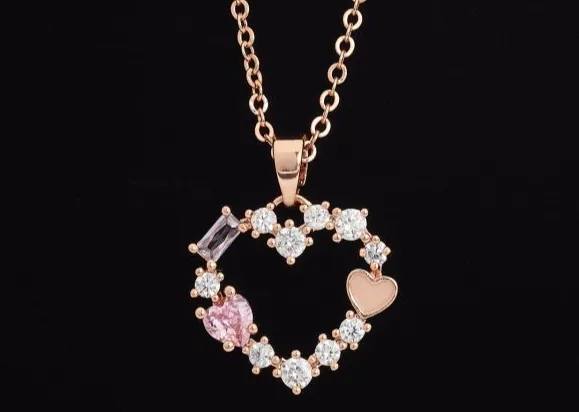 Ladies Rose Gold Heart Necklace with Colored Stones & Zirconia Crystals