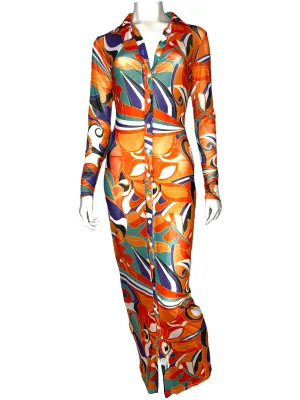 Mesh Digital Print Orange Button Up Dress