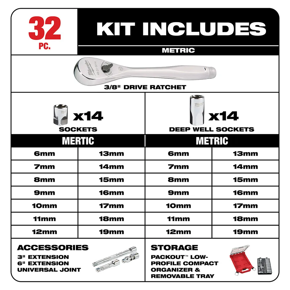 Milwaukee 48-22-9482 3/8” Ratchet Metric Socket Set w/ PACKOUT Case - 32pc