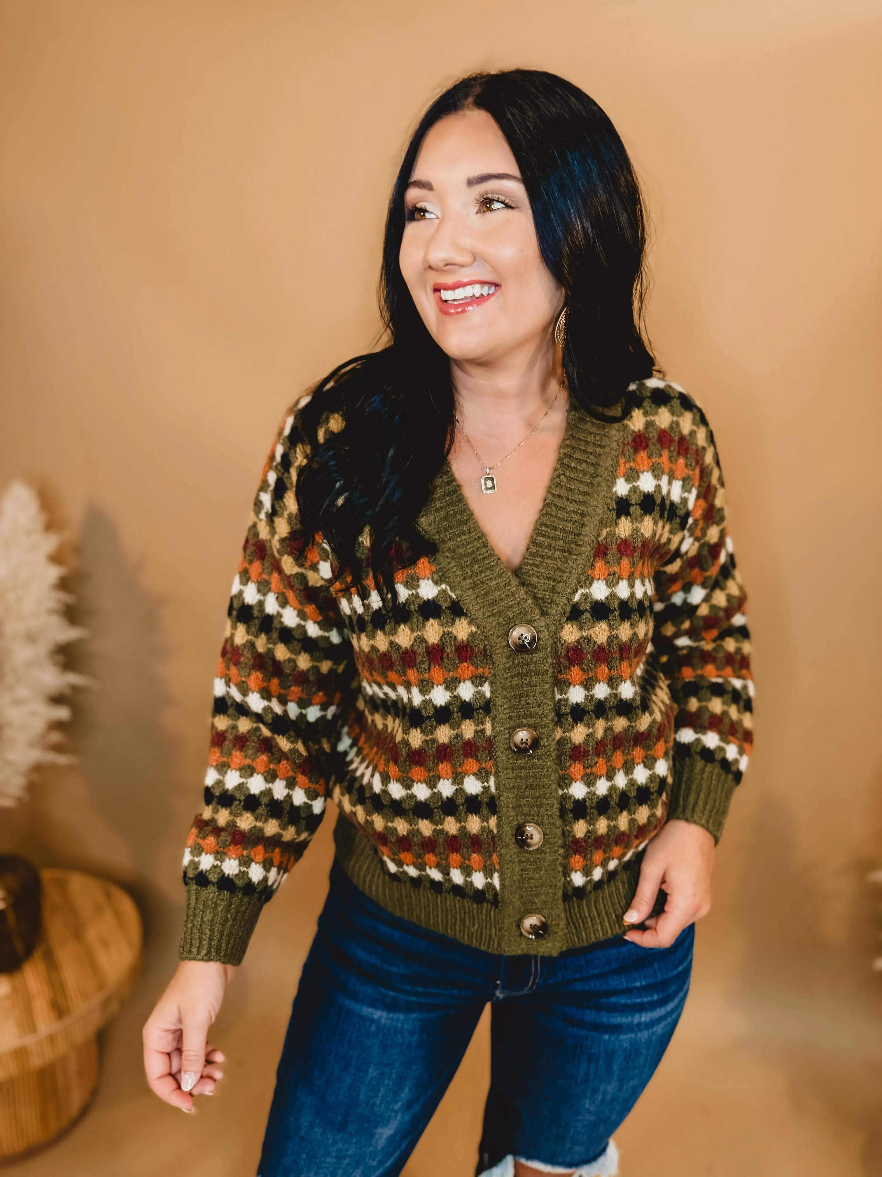 Multi Colored Boyfriend Knit Sweater - Olive Multi