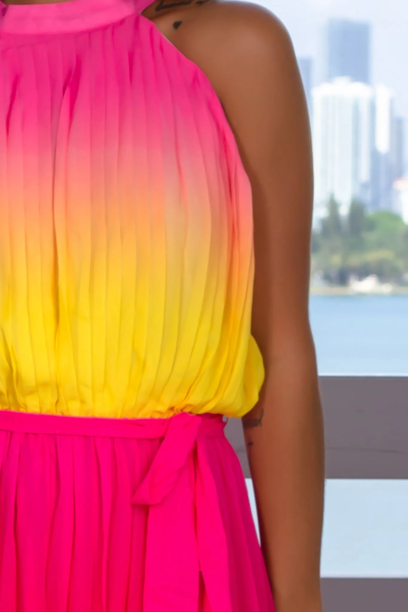 Multi Colored Pleated Halter Neck Maxi Dress