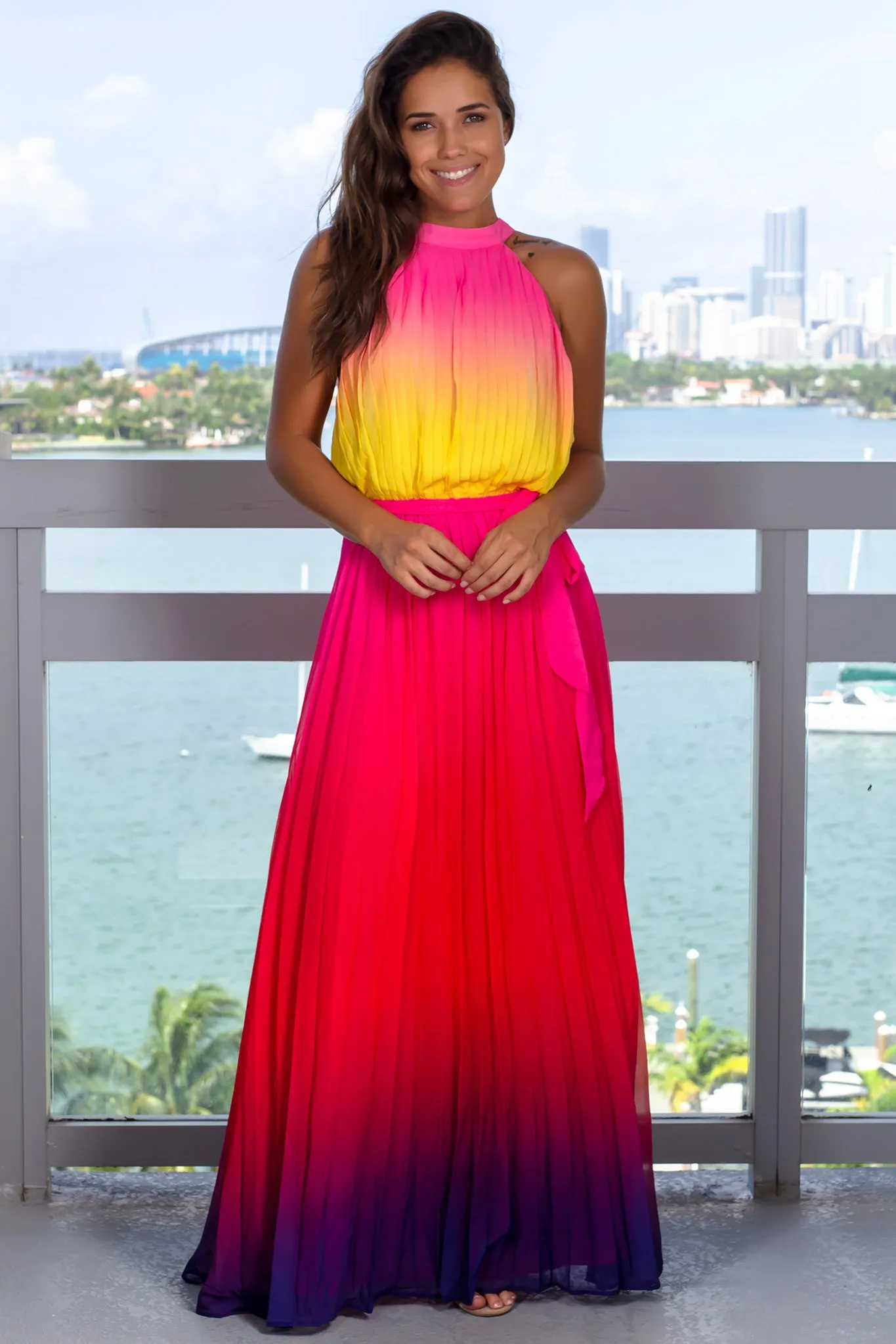 Multi Colored Pleated Halter Neck Maxi Dress