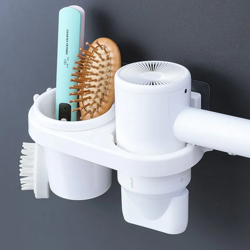 Multifunction Bathroom Rack Organizer Self Adhesive Wall Mounted Hair Dryer Holder Hair Tools Storage With DIY Cup