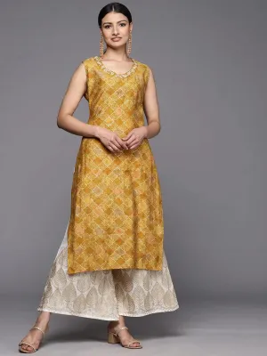 Mustard Printed Silk Straight Kurta