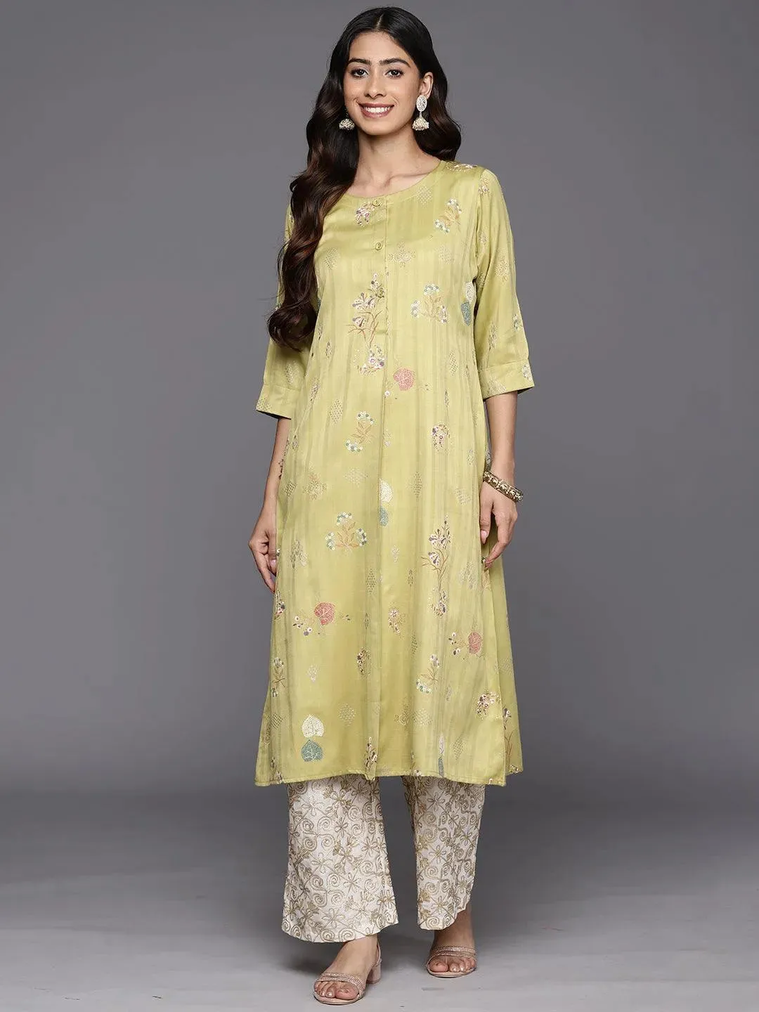 Olive Printed Silk A-Line Kurta