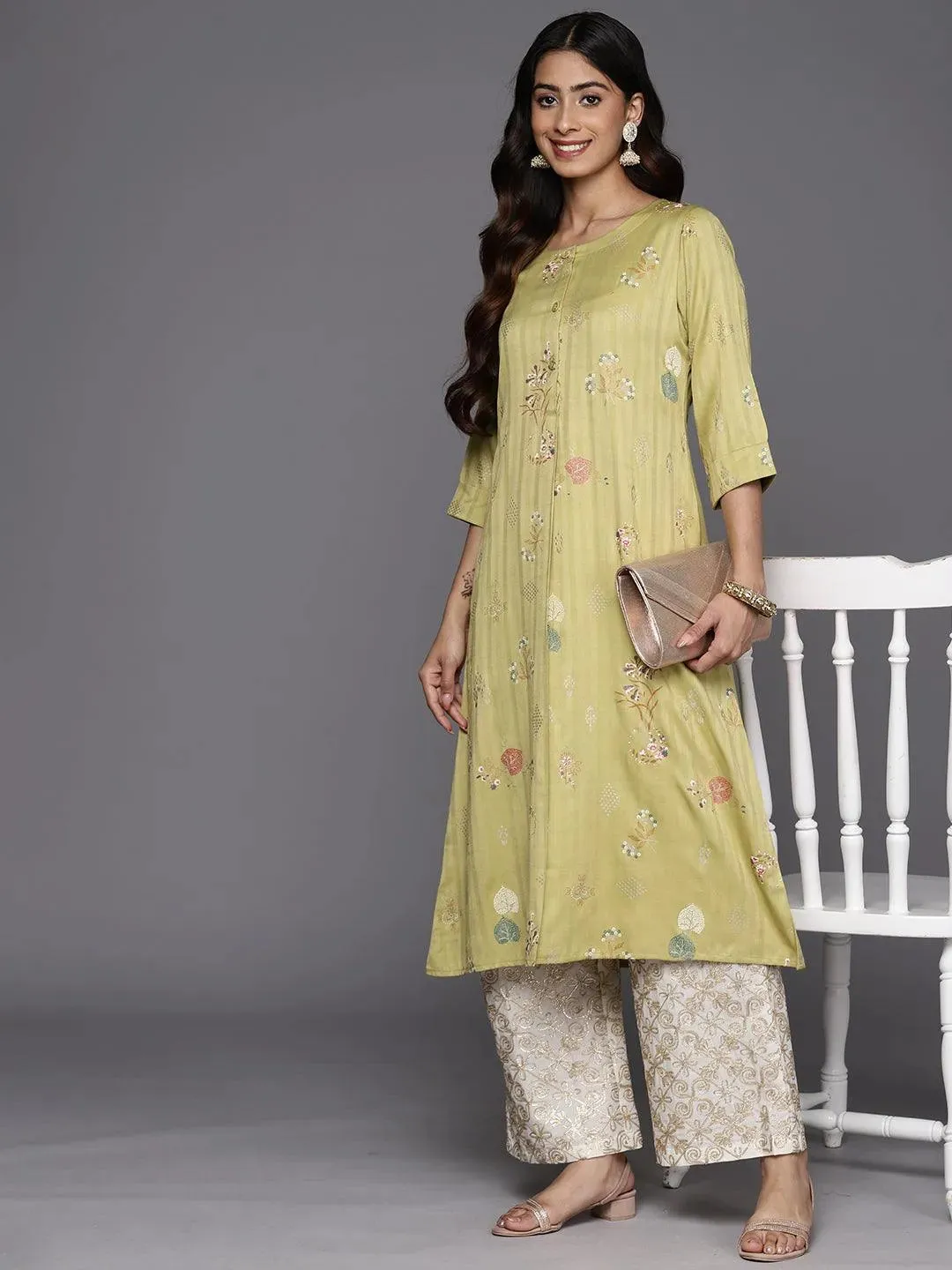 Olive Printed Silk A-Line Kurta