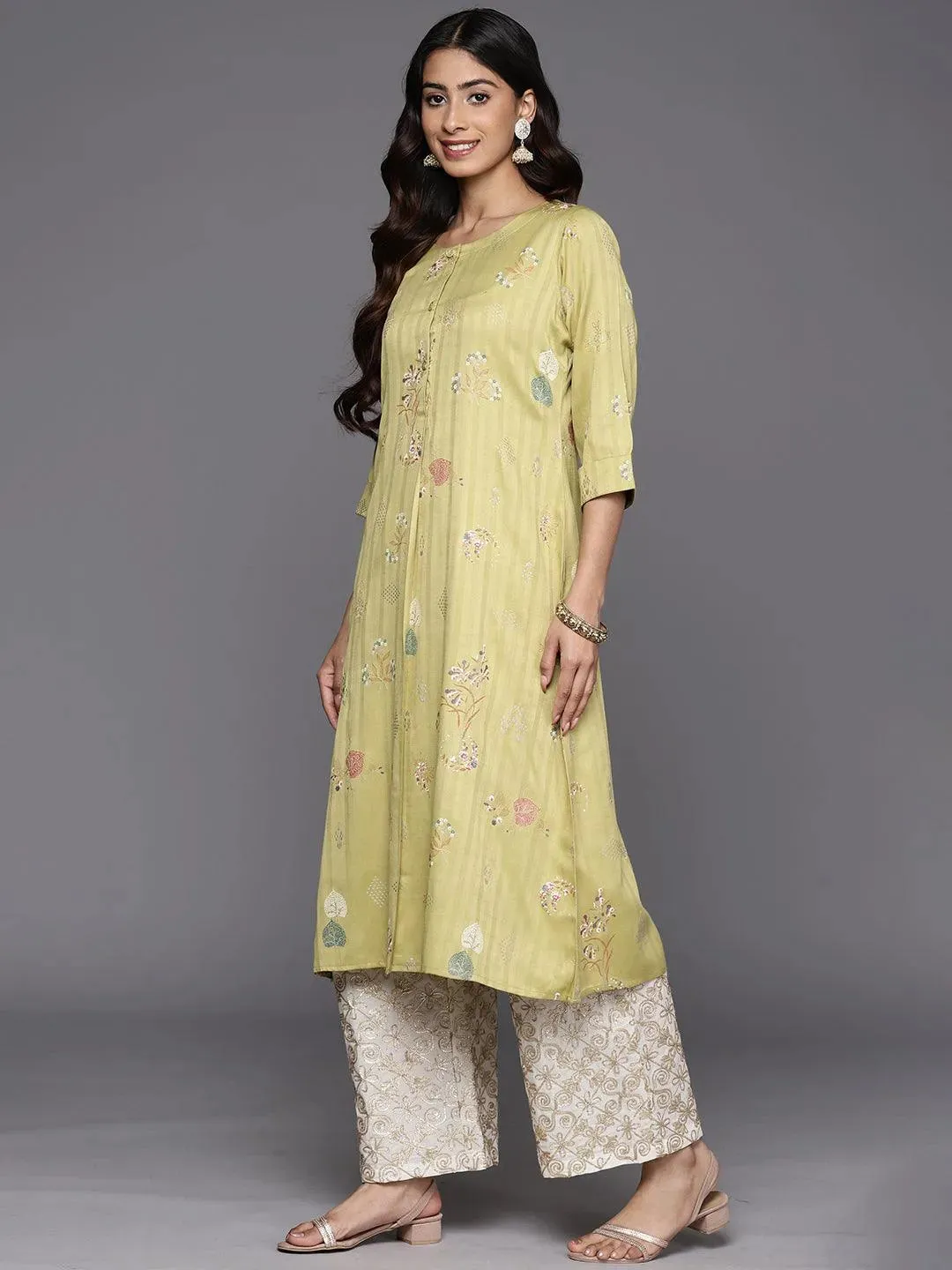 Olive Printed Silk A-Line Kurta