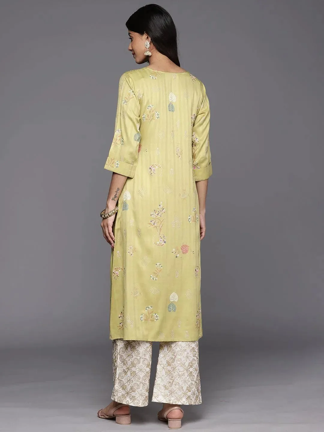 Olive Printed Silk A-Line Kurta