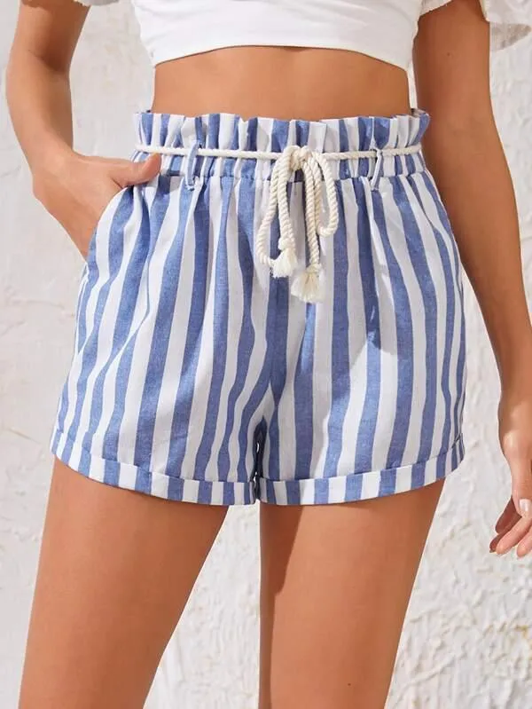 Paperbag Waist Two Tone Striped Cuffed Shorts With Belt