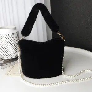 Pearl Chain Winter Checkerboard Plush Bucket Bag