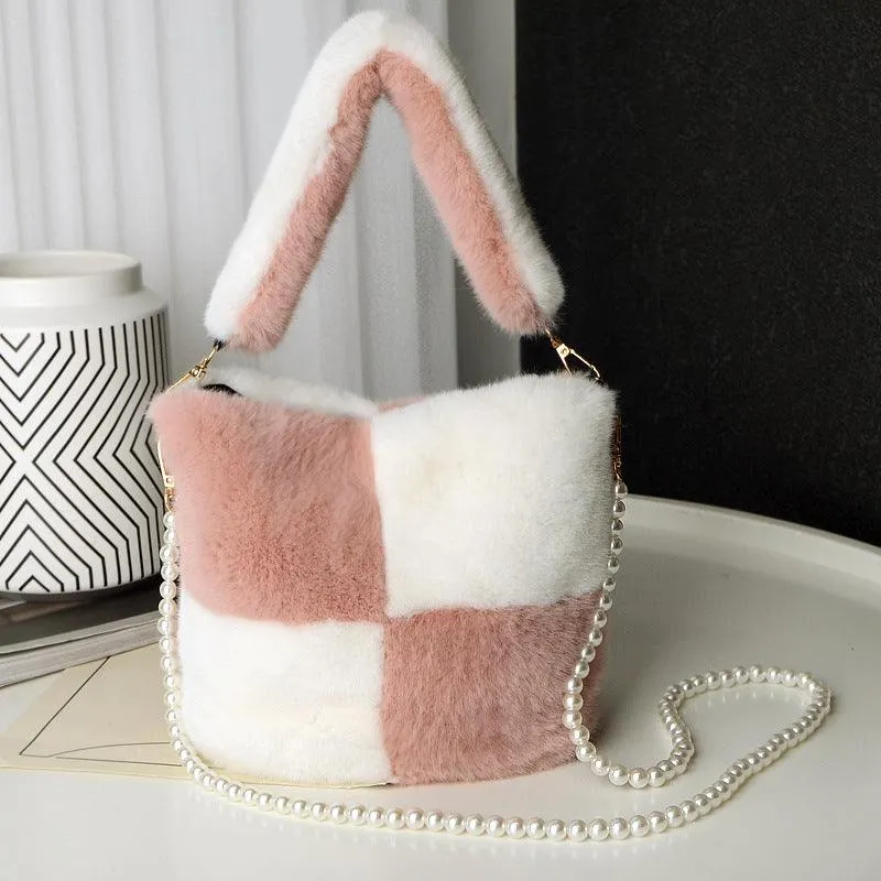 Pearl Chain Winter Checkerboard Plush Bucket Bag