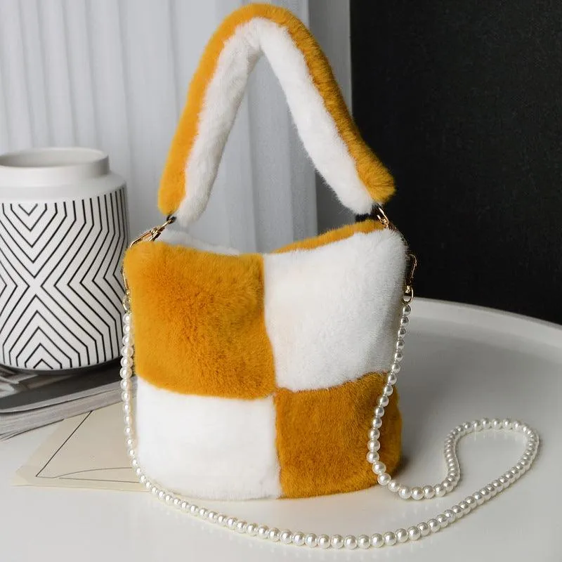 Pearl Chain Winter Checkerboard Plush Bucket Bag