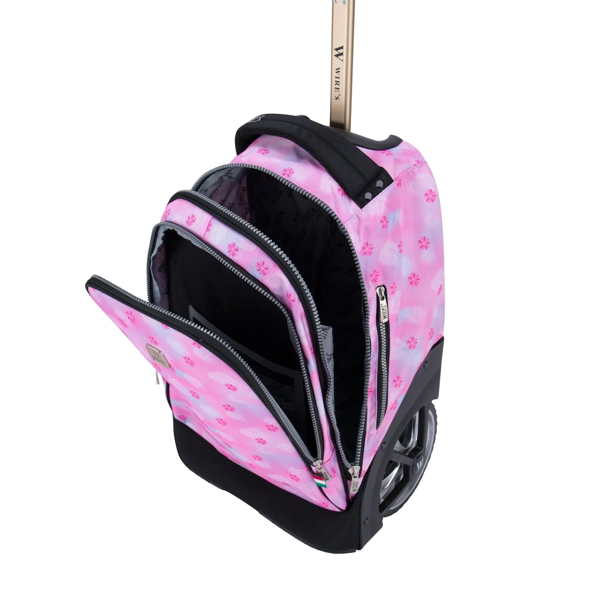 Pink Blur Flower Big Wheel School Bag Trolley Set of 3 (Lunch Bag & Pencil Case)