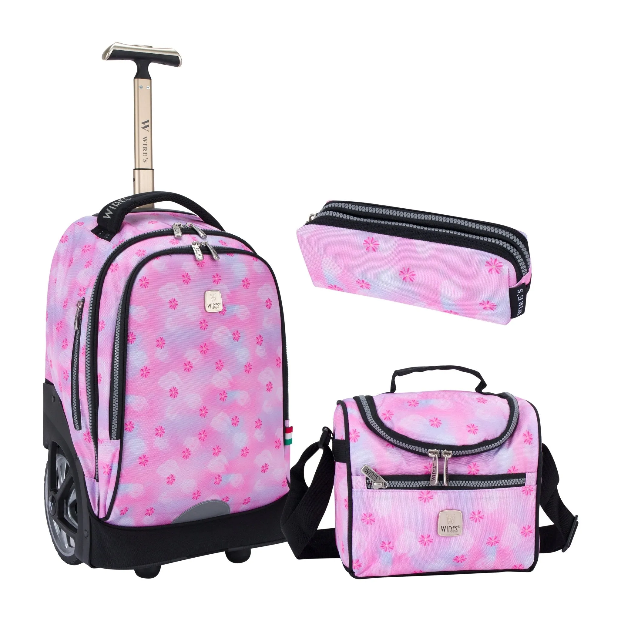 Pink Blur Flower Big Wheel School Bag Trolley Set of 3 (Lunch Bag & Pencil Case)