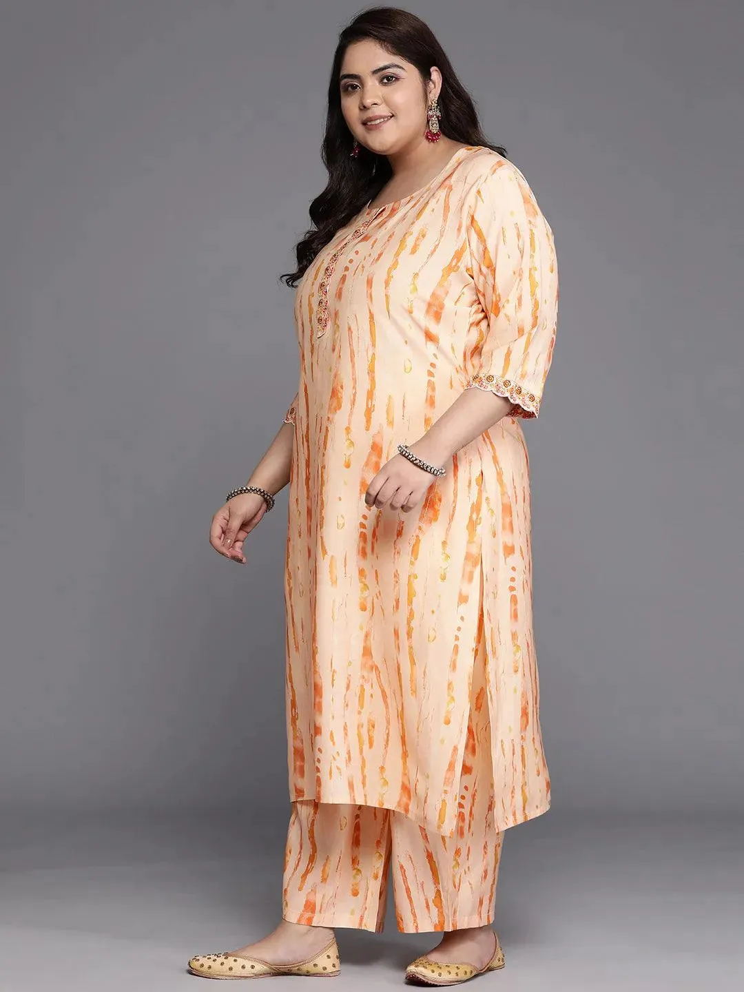 Plus Size Orange Printed Silk Blend Straight Kurta With Trousers & Dupatta