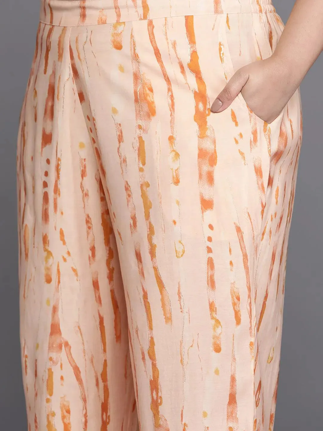 Plus Size Orange Printed Silk Blend Straight Kurta With Trousers & Dupatta