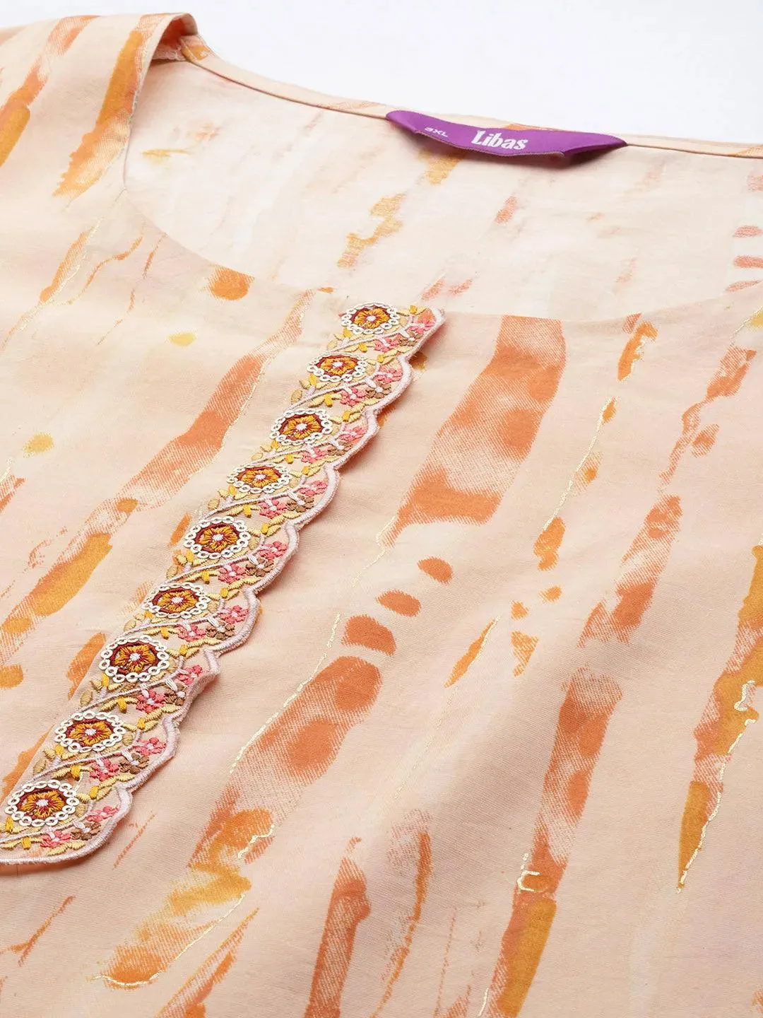 Plus Size Orange Printed Silk Blend Straight Kurta With Trousers & Dupatta