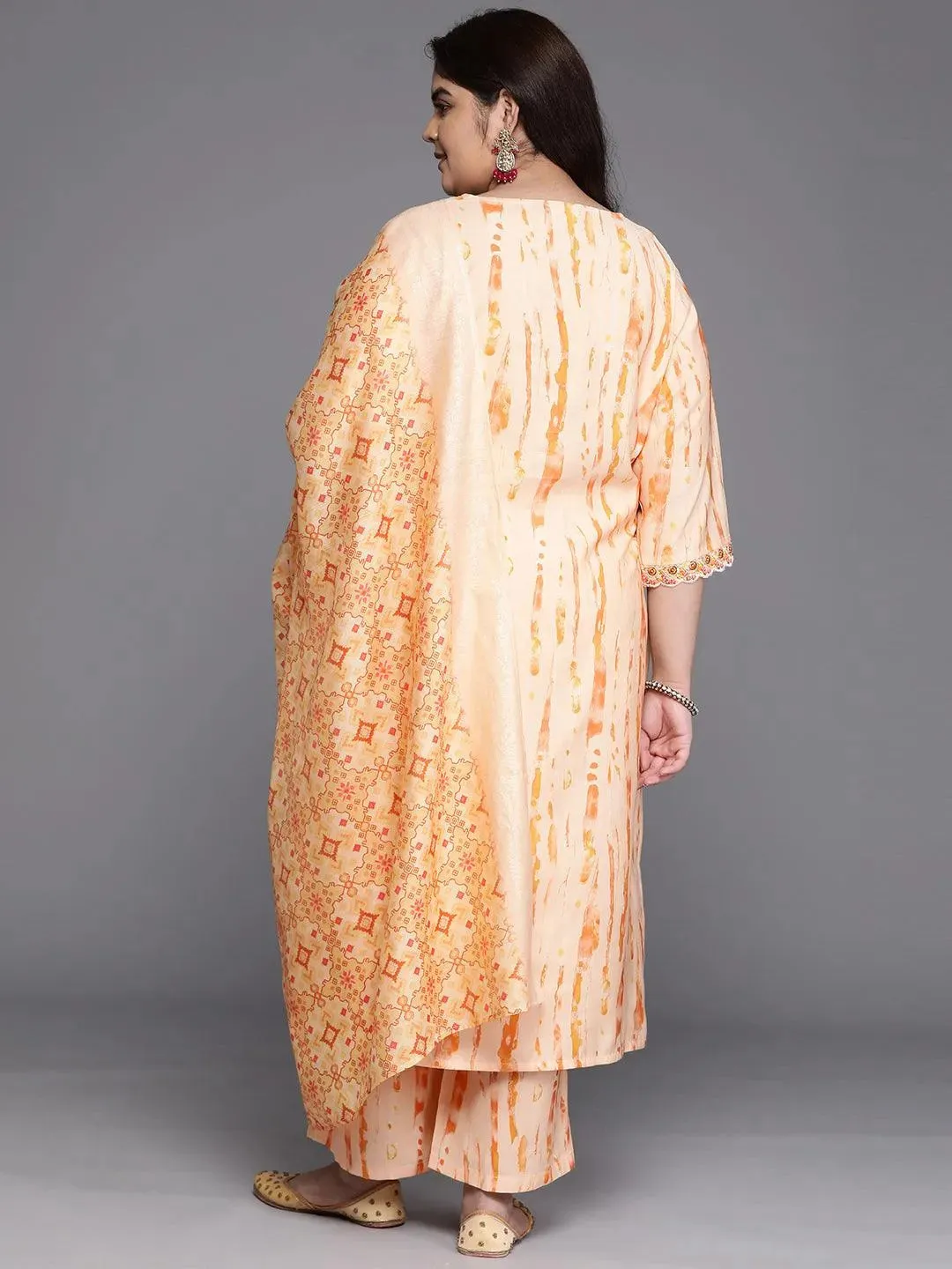 Plus Size Orange Printed Silk Blend Straight Kurta With Trousers & Dupatta