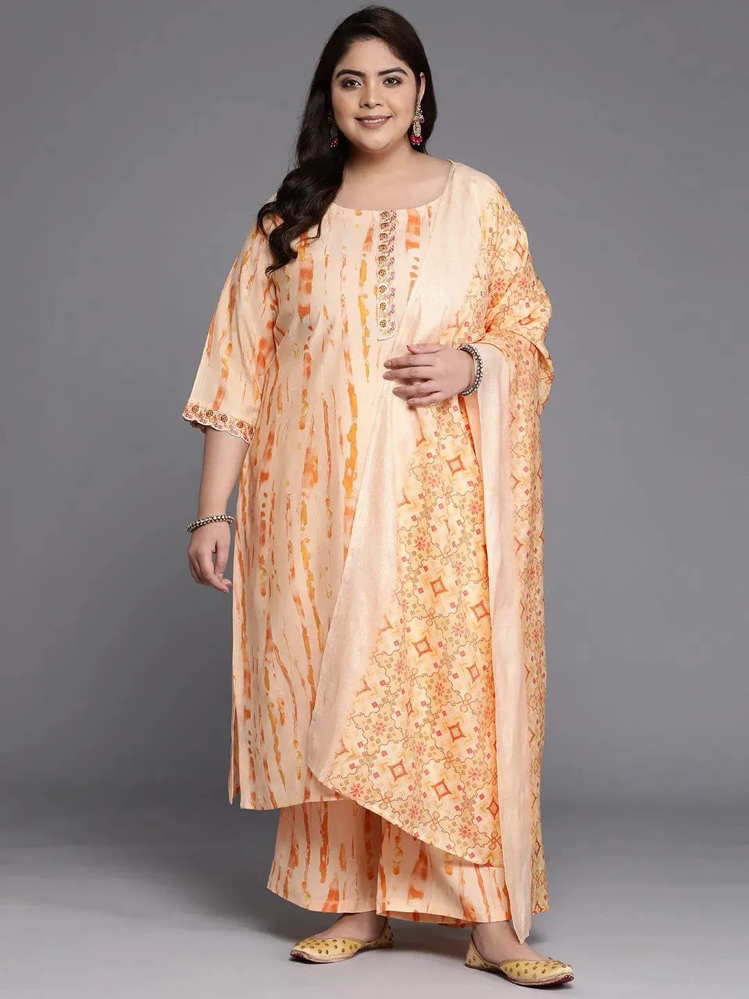 Plus Size Orange Printed Silk Blend Straight Kurta With Trousers & Dupatta