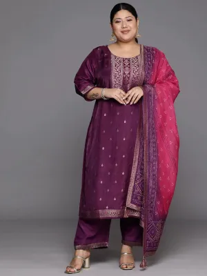 Plus Size Purple Woven Design Silk Blend Straight Kurta With Trousers & Dupatta