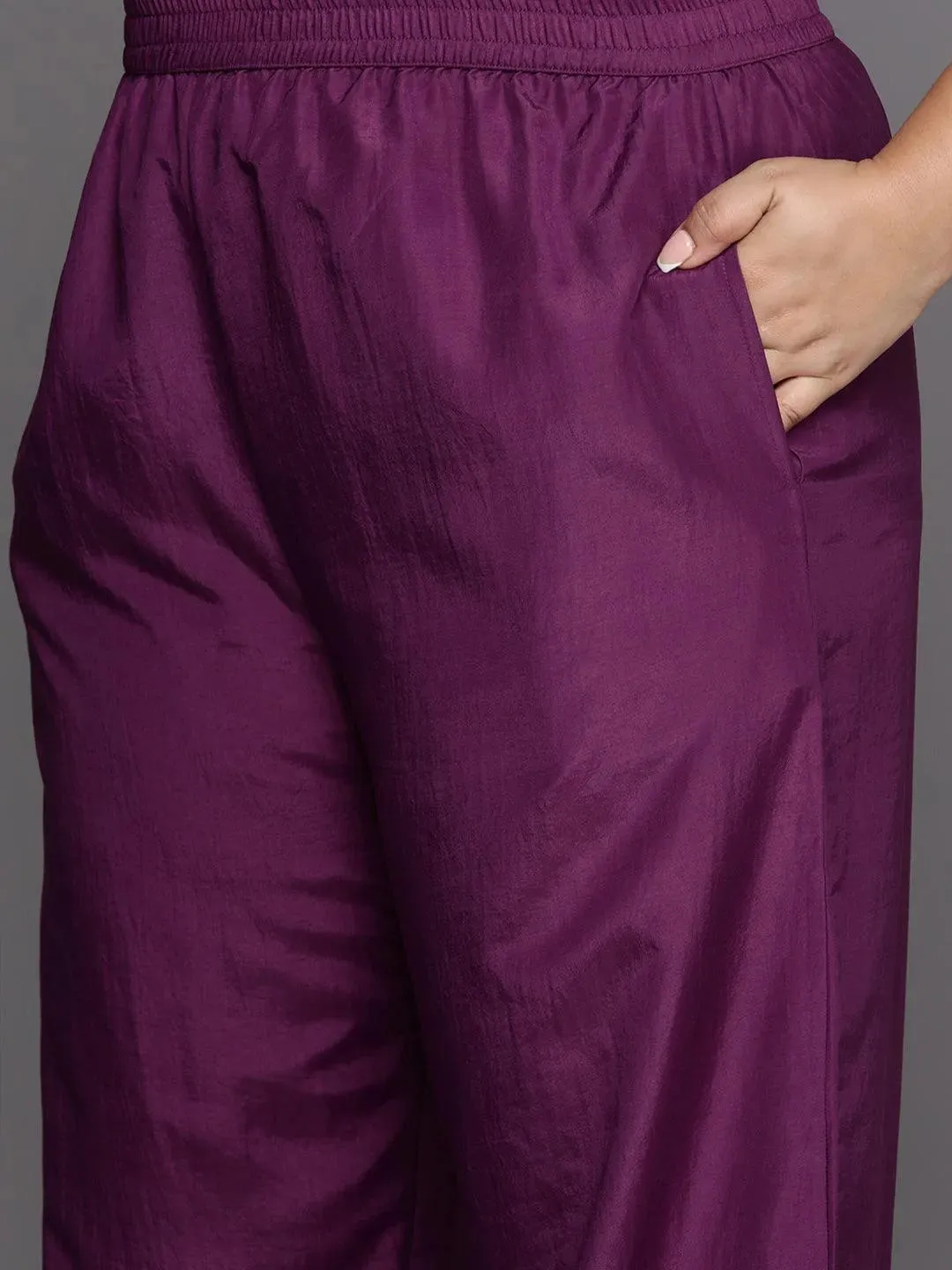 Plus Size Purple Woven Design Silk Blend Straight Kurta With Trousers & Dupatta