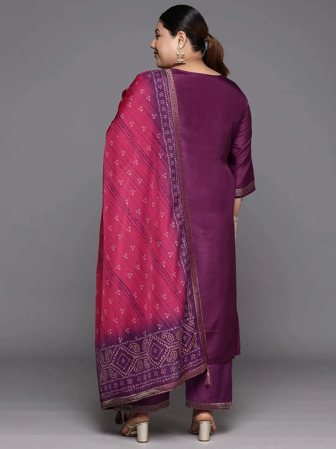 Plus Size Purple Woven Design Silk Blend Straight Kurta With Trousers & Dupatta