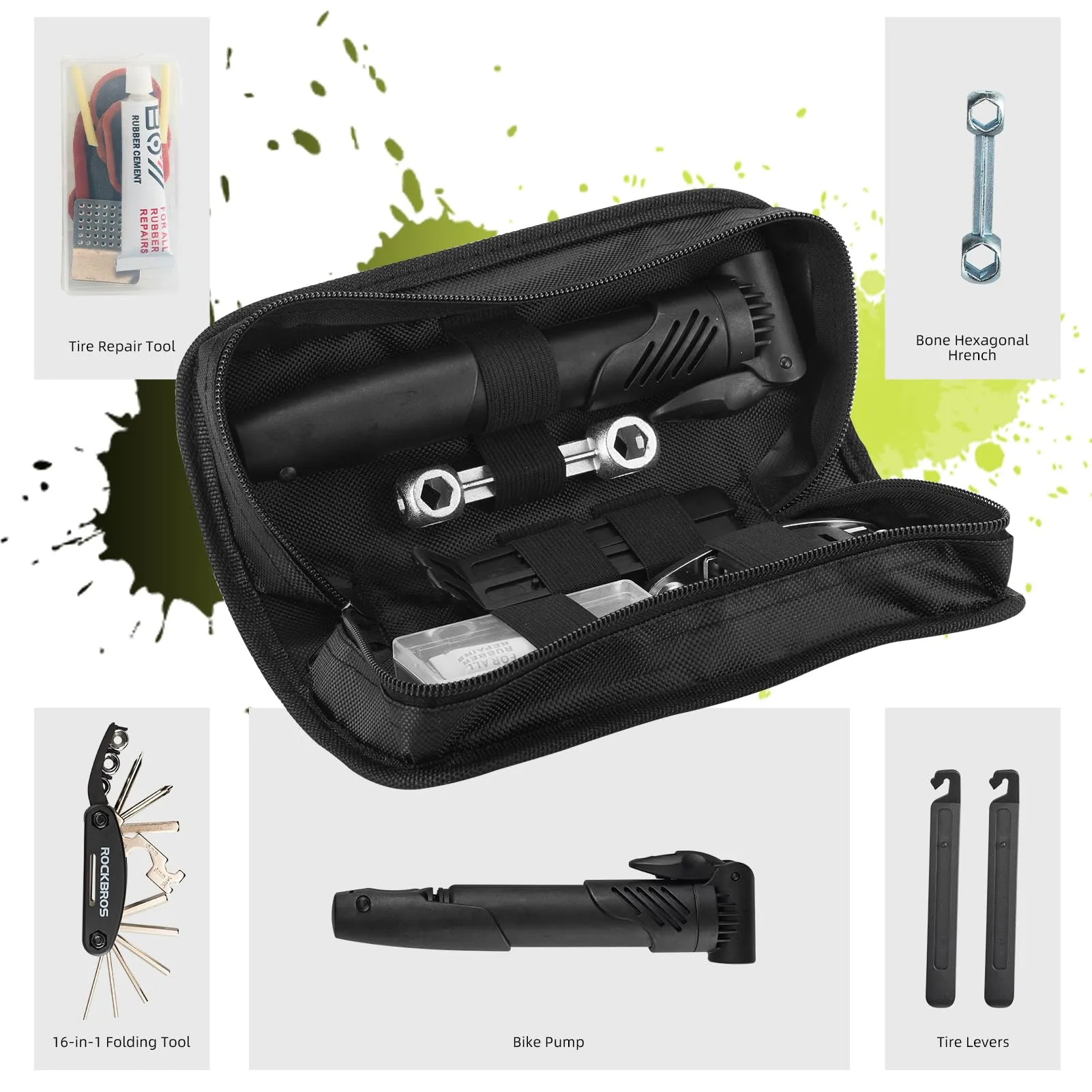 ROCKBROS Bike Tool Kit with Tire Pump, Multi-Function Tool, Patches, Portable Repair Bag