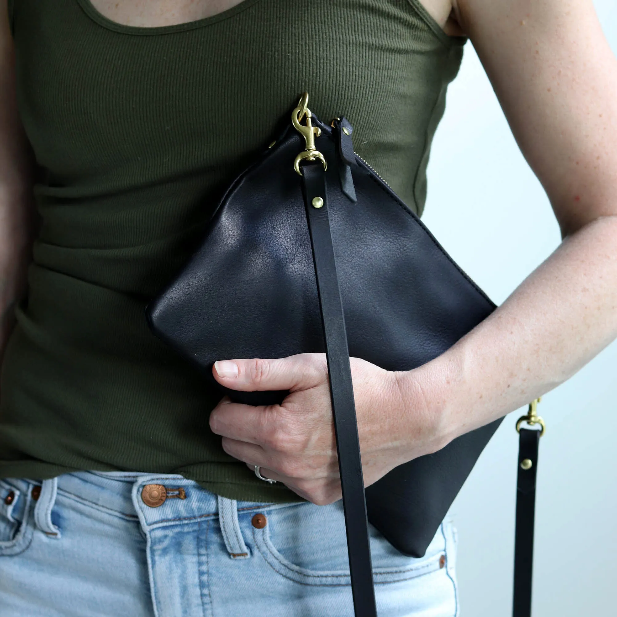 Small Leather Crossbody Clutch Bag - Black Pebble