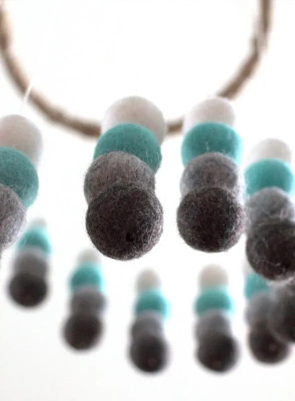 Spiral Felt Ball Mobile- Turquoise, Charcoal, Gray, White