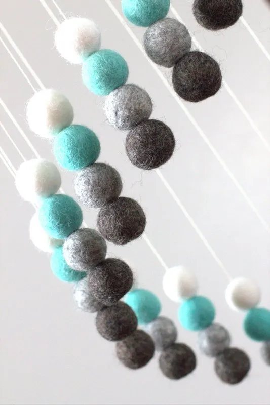 Spiral Felt Ball Mobile- Turquoise, Charcoal, Gray, White