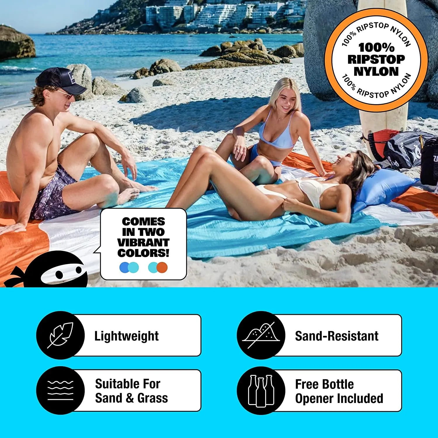 SUN NINJA Sand Free Beach Blanket - Outdoor Blanket, Beach Mat & Accessories - 10Ft X 9Ft Lightweight Blanket with Storage, Bottle Opener, Carabiner, Shoulder Strap, Corner Sand Pockets & 4 Stakes