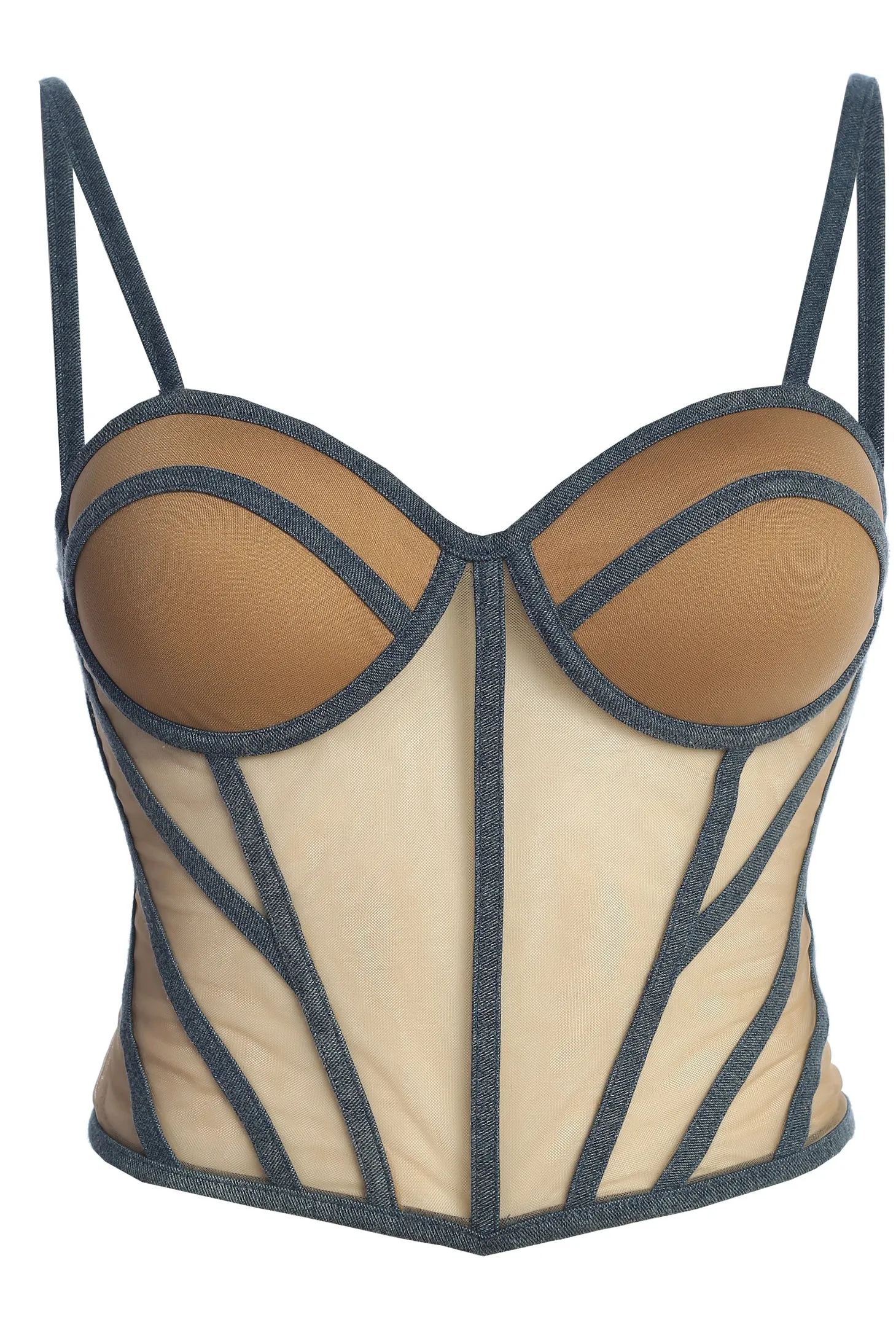 Tan Denim Illusion Mesh Bustier