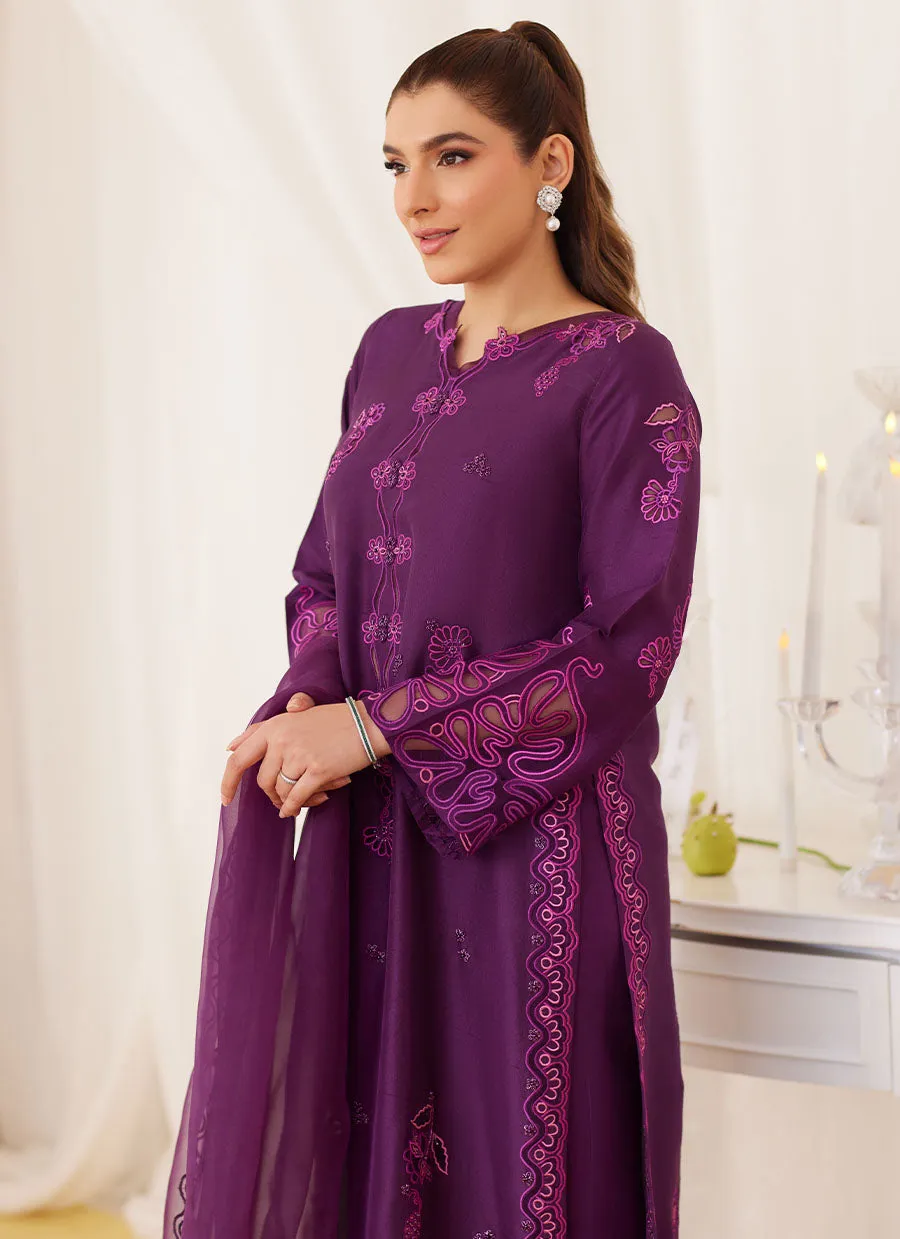 Teo Eggplant Embroidered Shirt And Dupatta